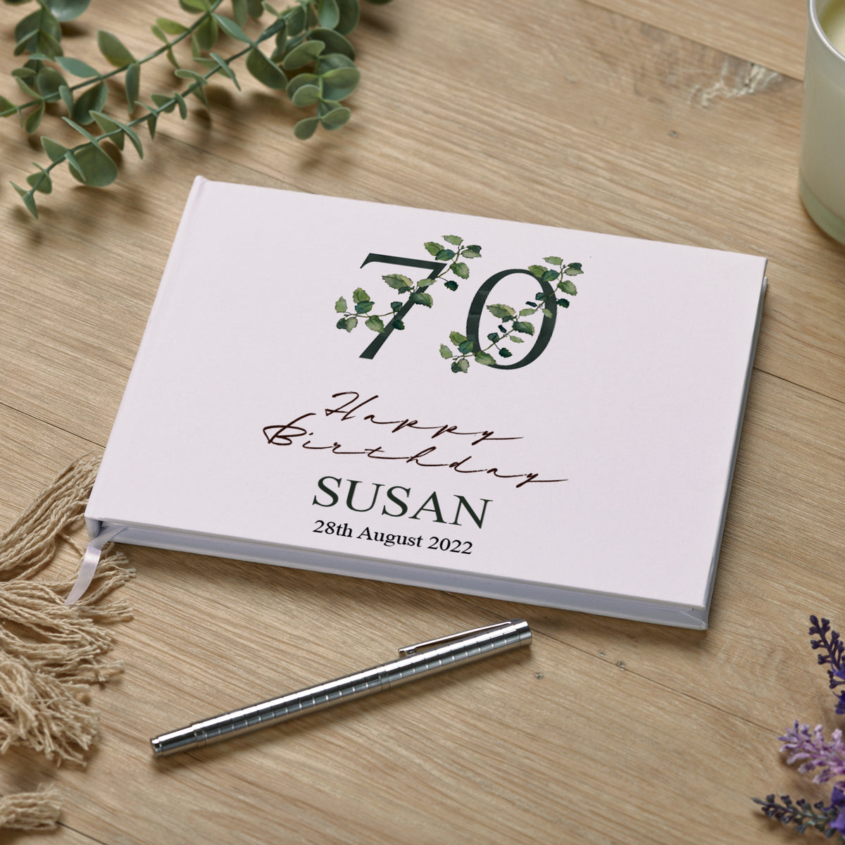 Personalised 70th Birthday Green Leaf Design Gift Guest Book