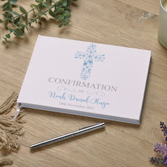 Personalised Confirmation Blue Ornate Cross Design Guest Book