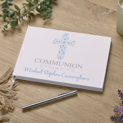 Personalised Communion Blue Ornate Cross Design Guest Book