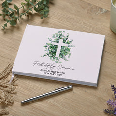 Personalised First Holy Communion Guest Book Eucalyptus and Cross