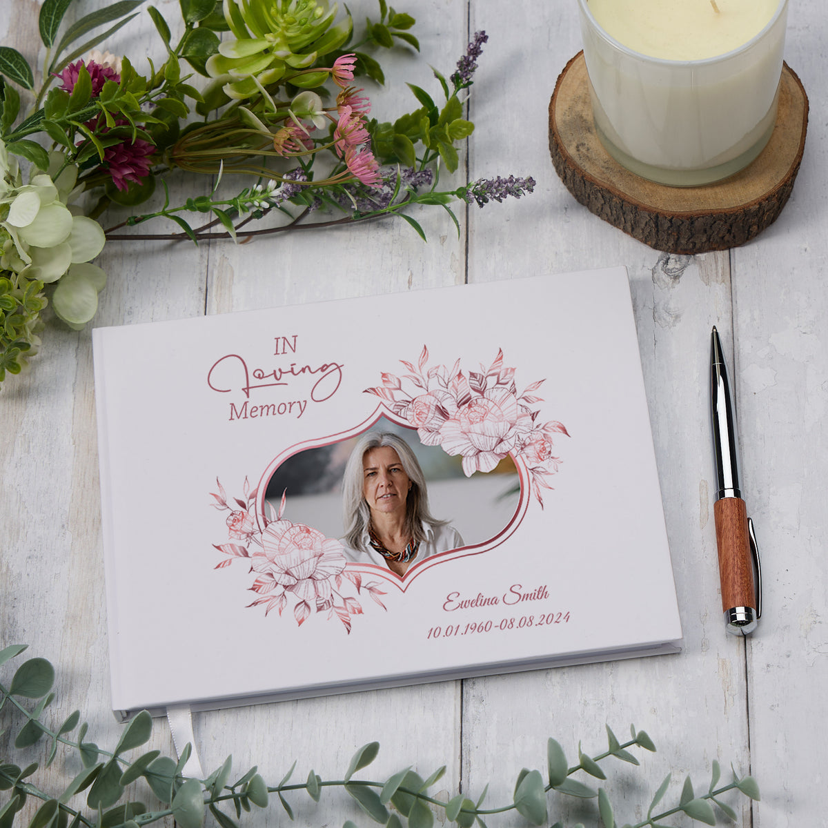 Personalised Female Rose Gold Funeral Memorial Condolence Guest Book With Photo