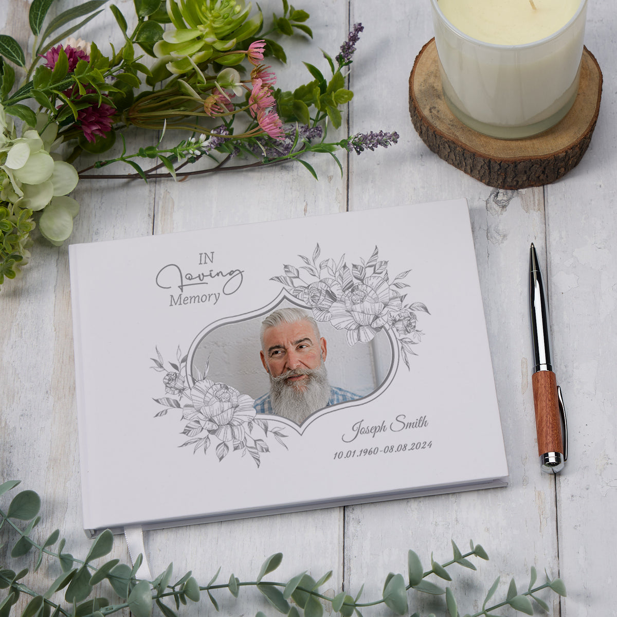 Personalised Male Grey Funeral Memorial Condolence Guest Book With Photo