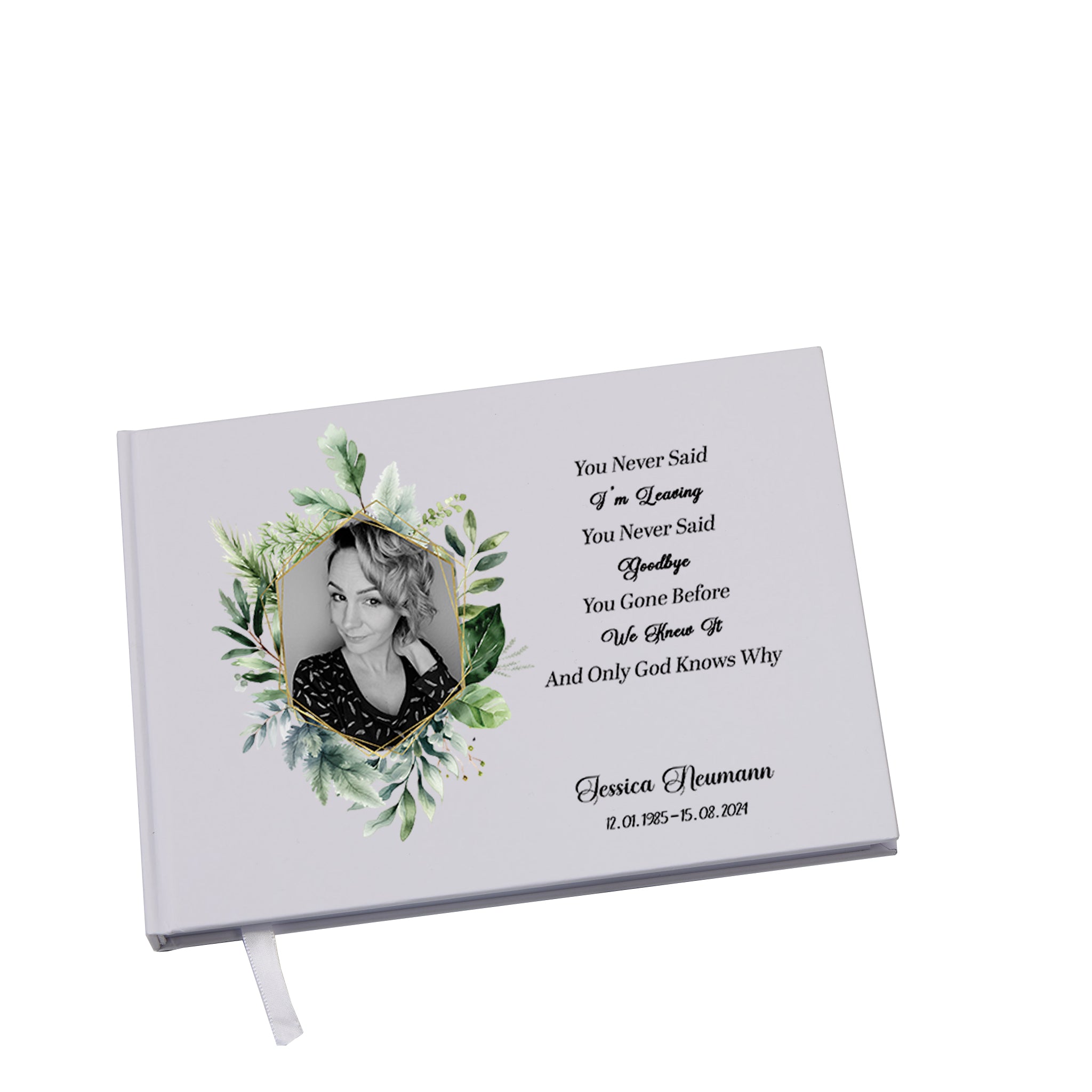 Personalised Photo Funeral Memorial Condolence Remembrance Guest Book Green & Gold Frame