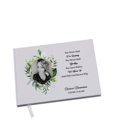 Personalised Photo Funeral Memorial Condolence Remembrance Guest Book Green & Gold Frame