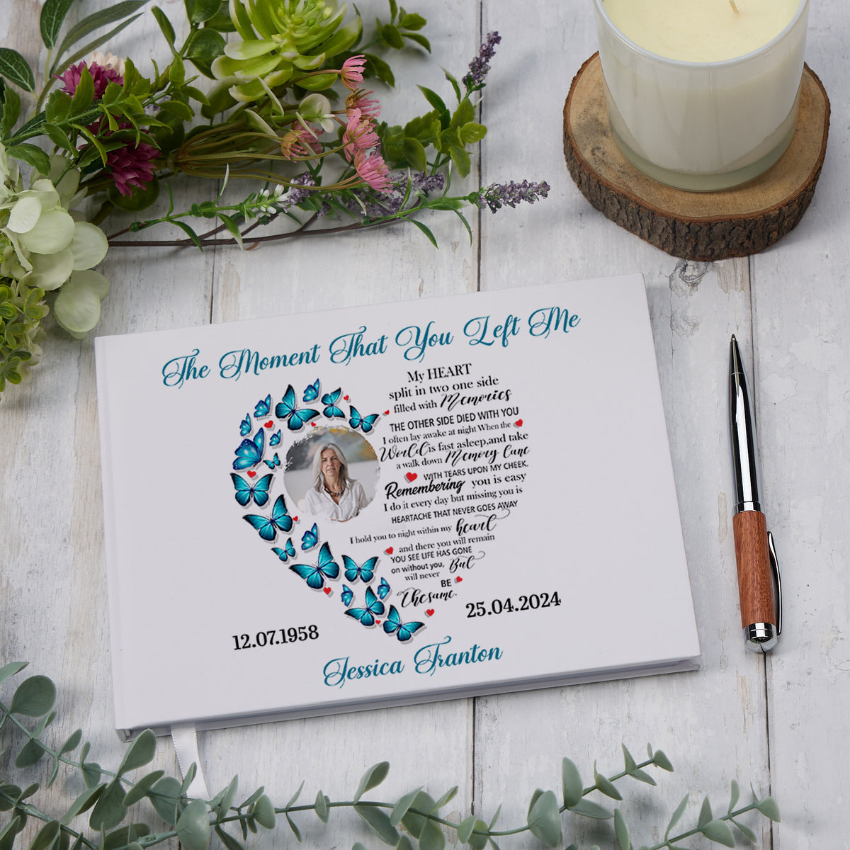 Personalised Photo Funeral Memorial Condolence Remembrance Butterfly Heart Guest Book