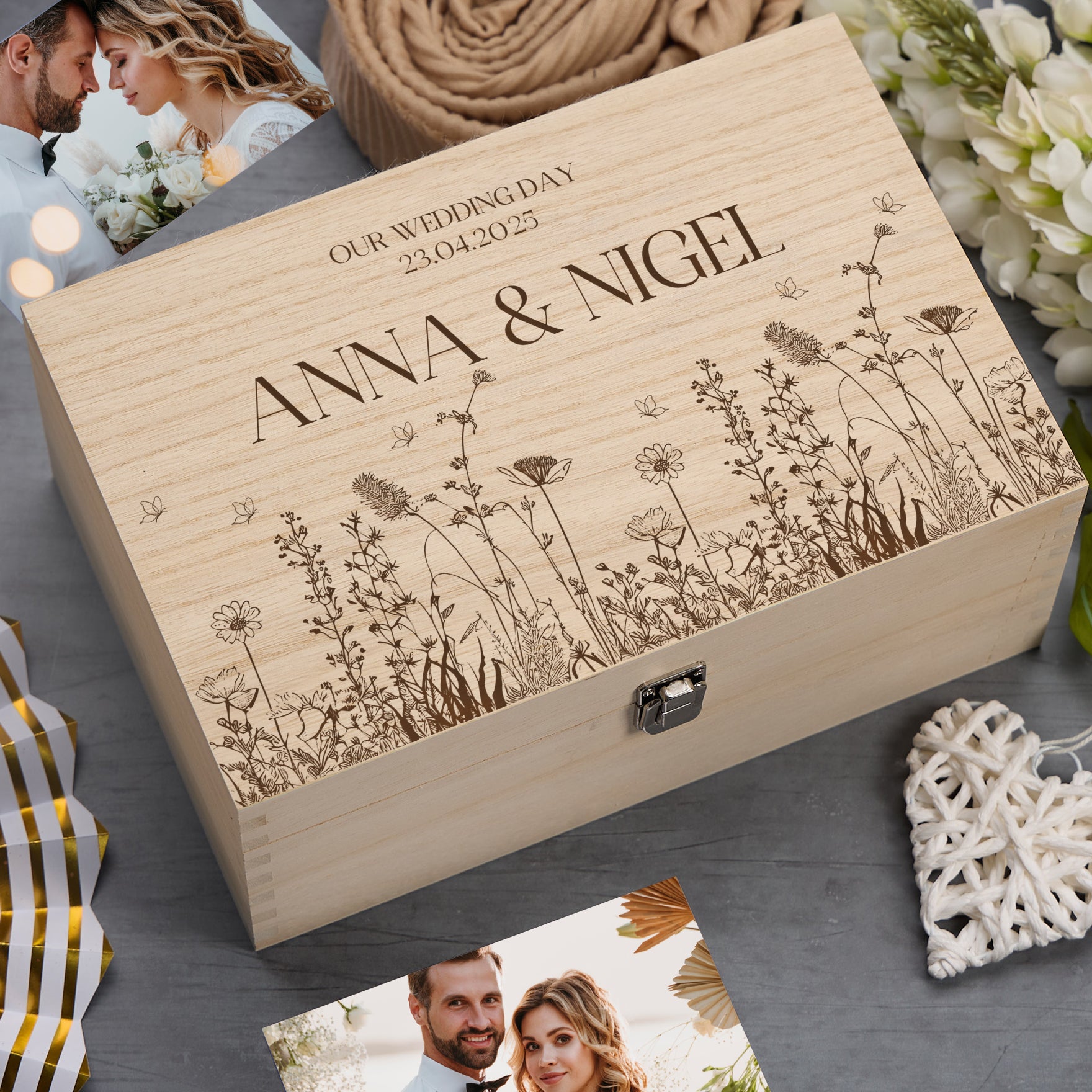 Personalised Wedding Memory Keepsake Box Gift With Wildflower Design