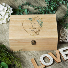 Personalised Large Wedding Wooden Memories Keepsake Box Gold Leaf Heart