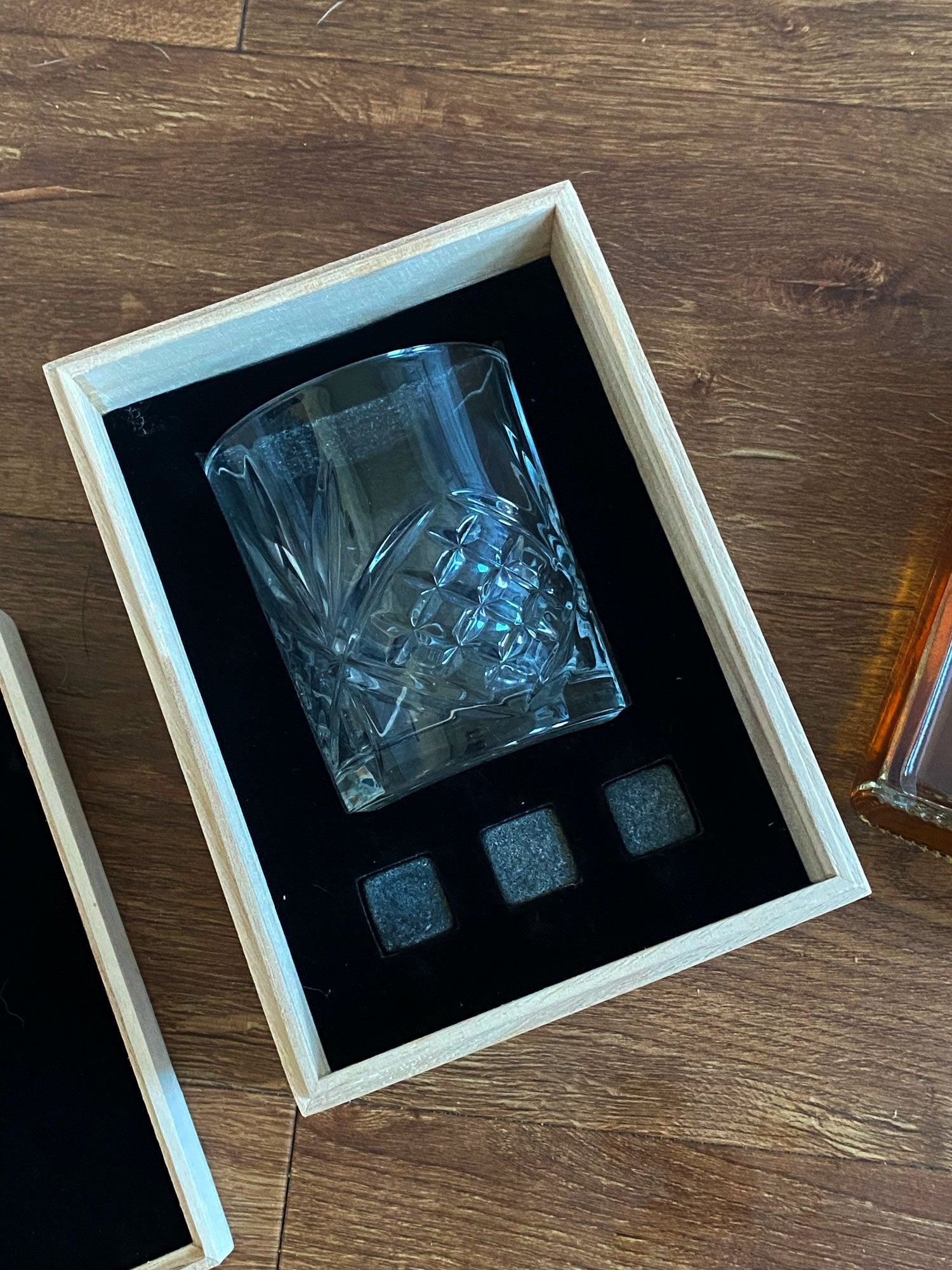 Personalised Whisky Stones & Tumbler Natural Wood With Initials