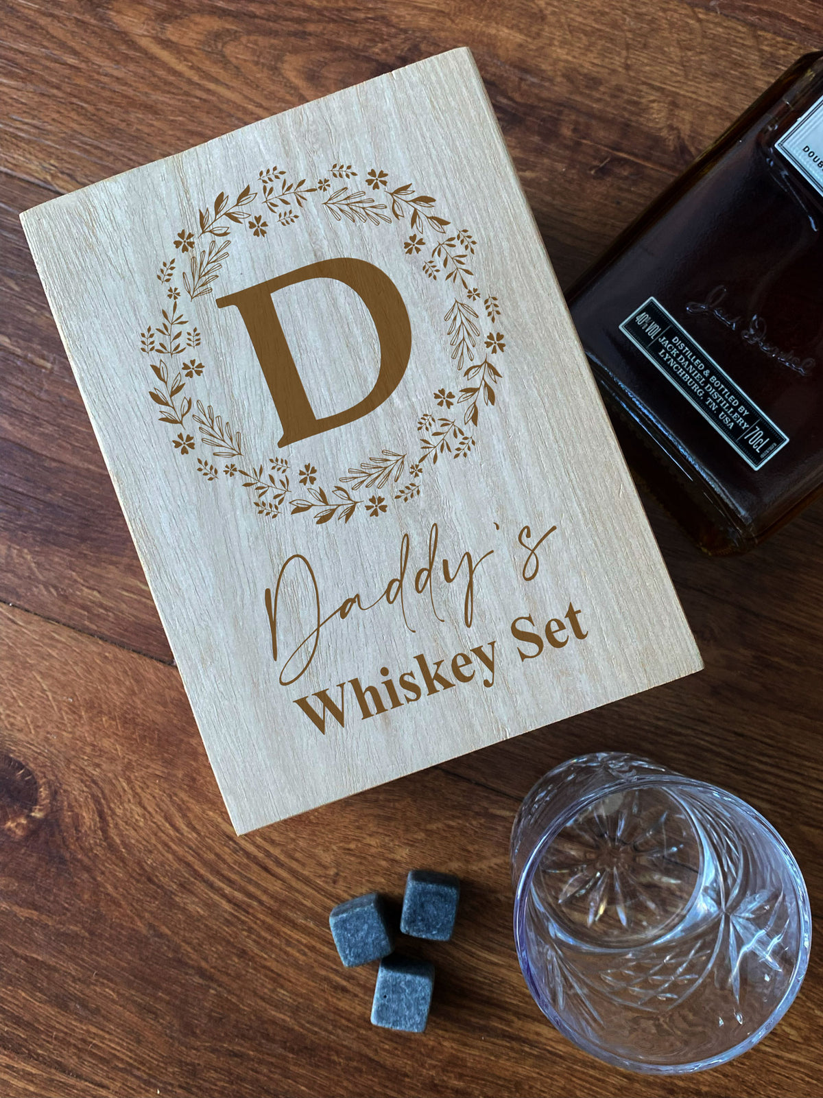 Personalised Whisky Stones & Tumbler Natural Wood With Initials