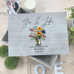 Personalised Large Wedding Keepsake Box Vintage Style With Wildflower Vase