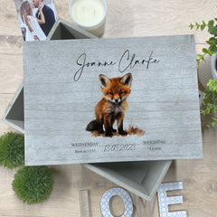 Personalised Large Vintage Baby Keepsake Box With Fox and Birth Details