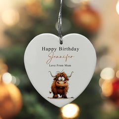 Large Ceramic Heart Gift Personalised Birthday With Highland Cow