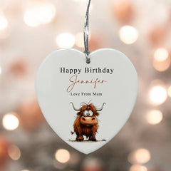 Large Ceramic Heart Gift Personalised Birthday With Highland Cow