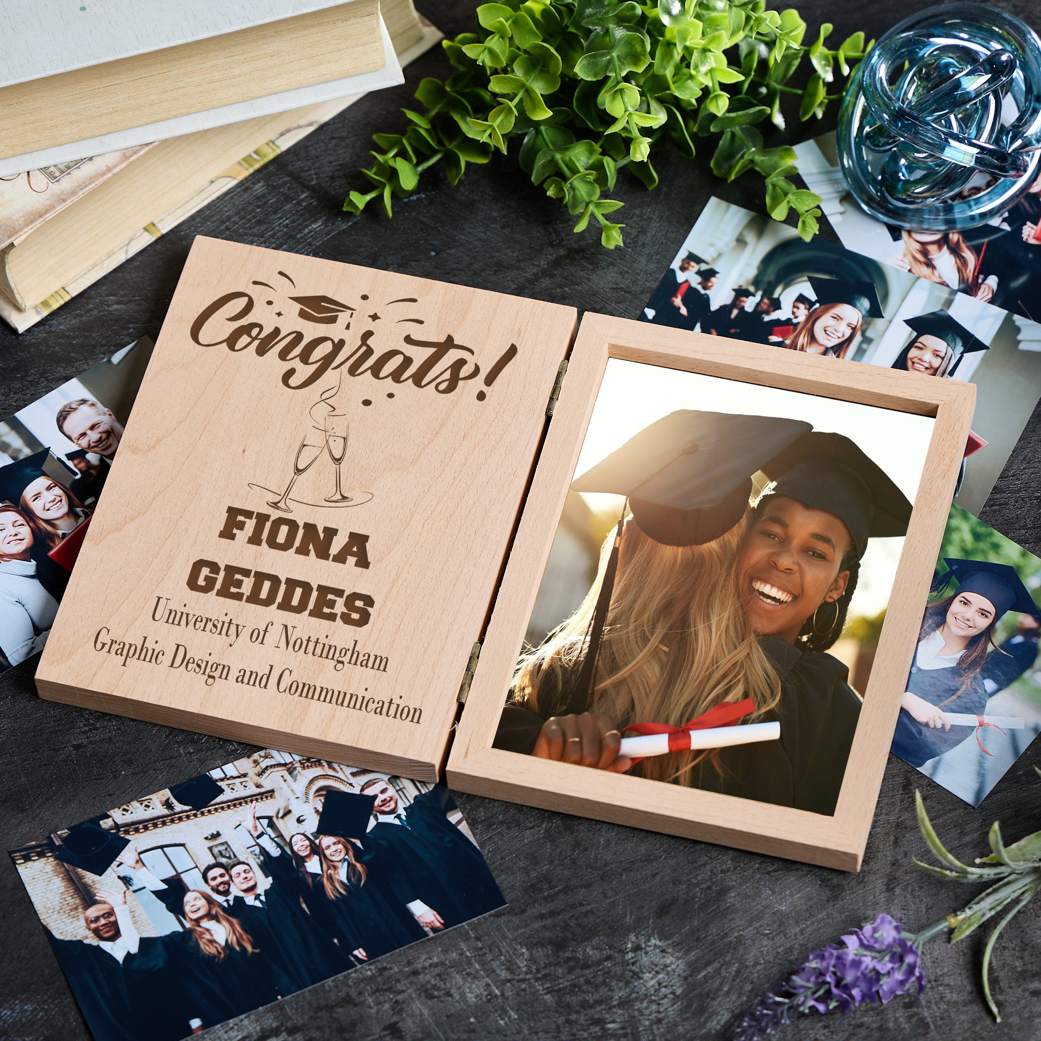 Personalised Congrats Graduation Photo Book Frame Solid Oak Wood Gift