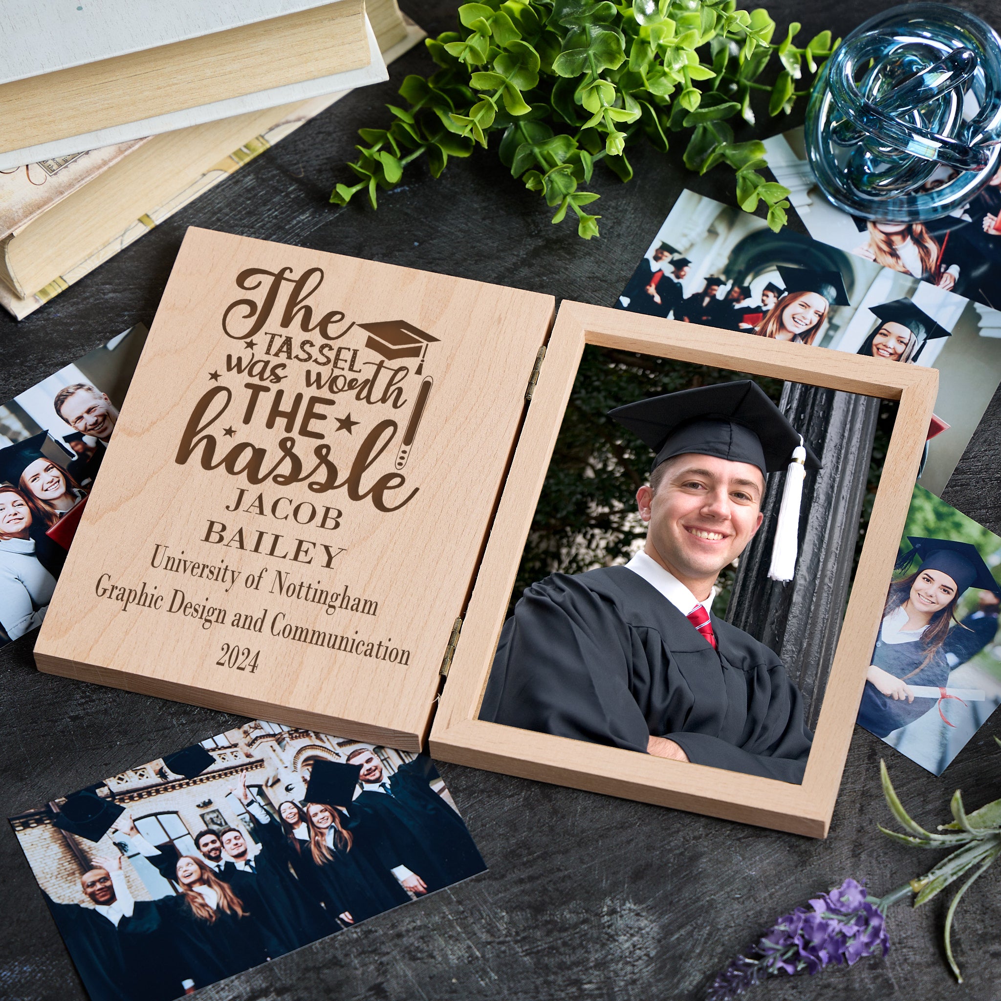 Personalised Graduation Tassel Hassel Photo Book Frame Solid Oak Wood Gift