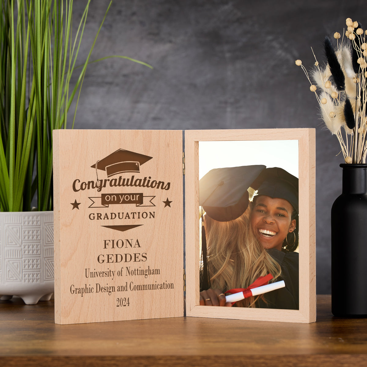 Personalised Graduation Congratulations Photo Book Frame Solid Oak Wood Gift