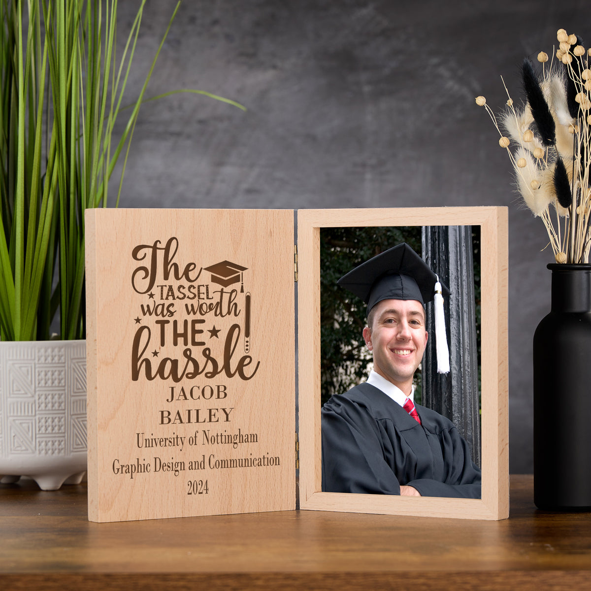 Personalised Graduation Tassel Hassel Photo Book Frame Solid Oak Wood Gift