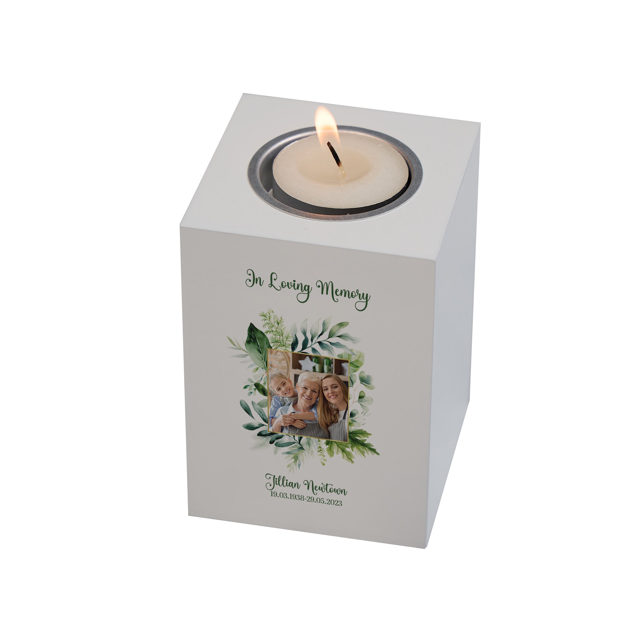 Memorial Wooden Tea Light Holder Bereavement Sympathy Gift With Green Leaf