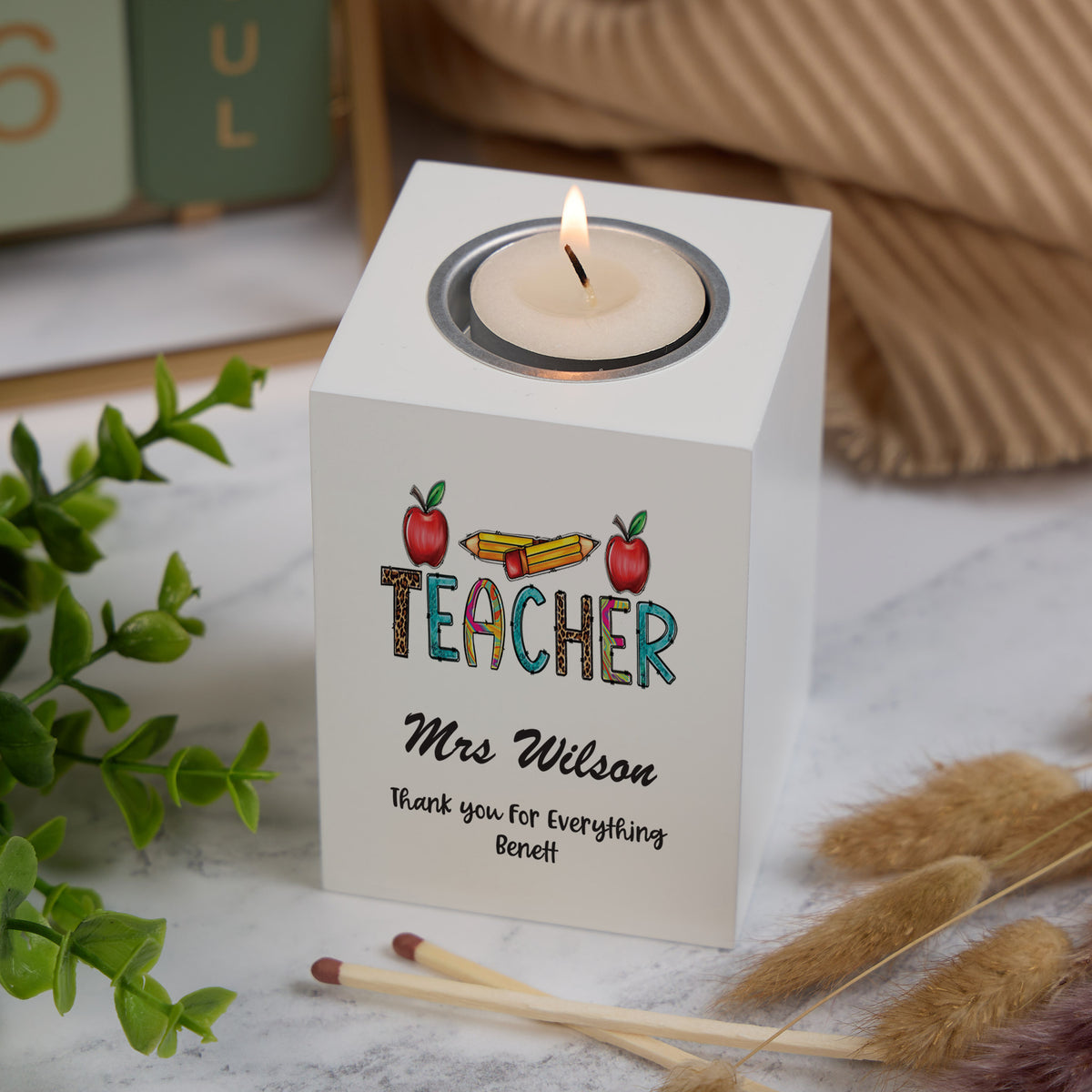 Personalised Teacher Gift Tea Light Candle Holder Pencils and Apples