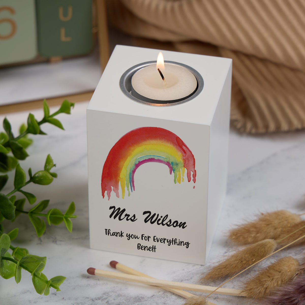 Personalised Teacher Gift Tea Light Candle Holder With Rainbow