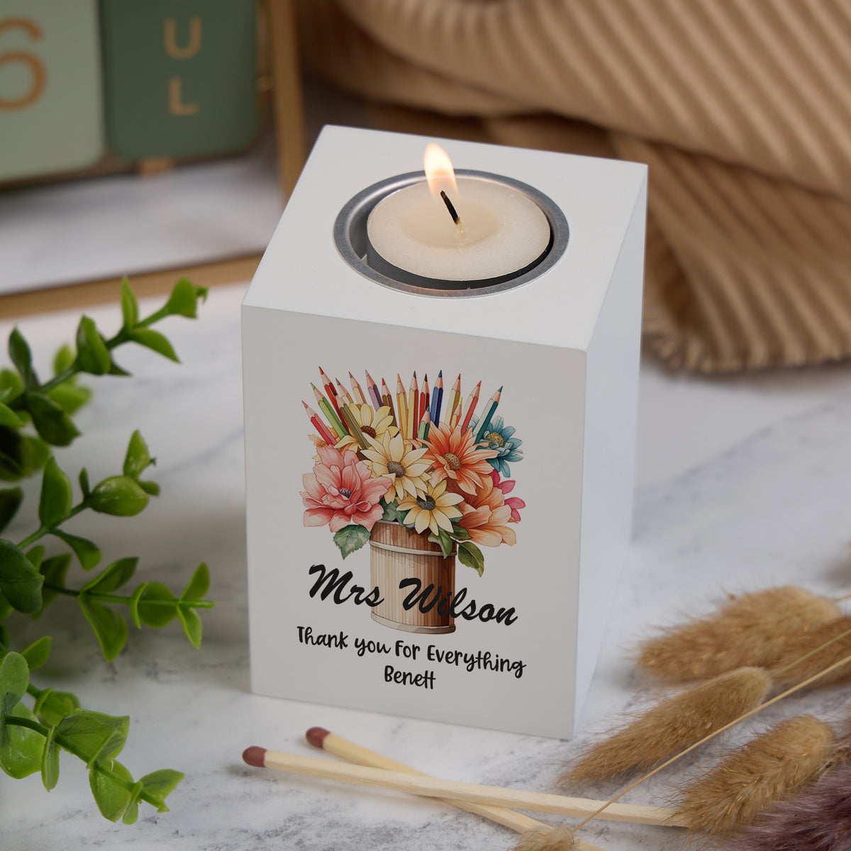 Personalised Teacher Gift Tea Light Candle Holder Floral Pot