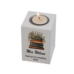 Personalised Teacher Gift Tea Light Candle Holder With Floral Books