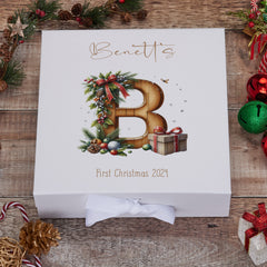 Personalised Cute Christmas Family Baby Keepsake Memory Box With Wood Letters