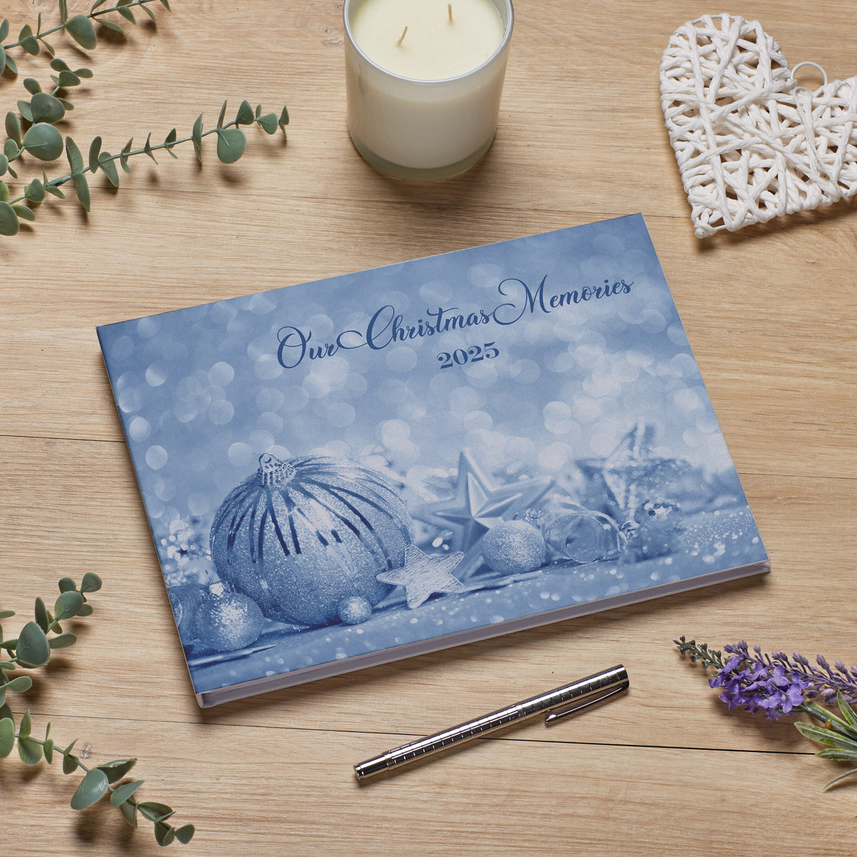 Large Personalised Christmas Memory Book Linen Cover Blue Design