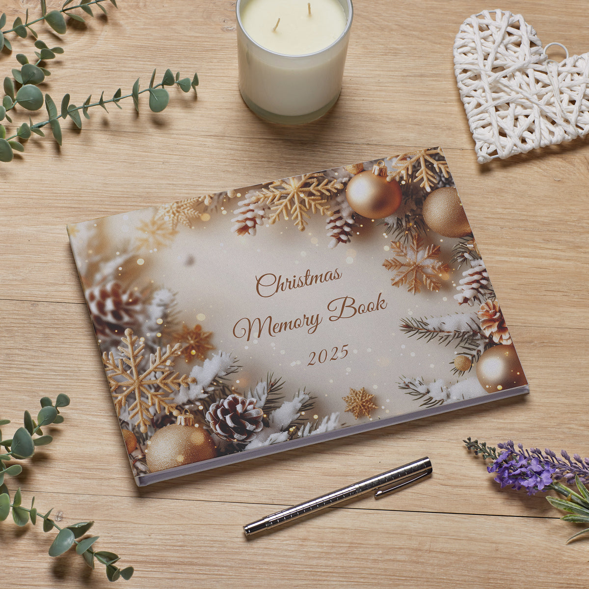 Large Personalised Christmas Memory Book Album Linen Cover Golden Design