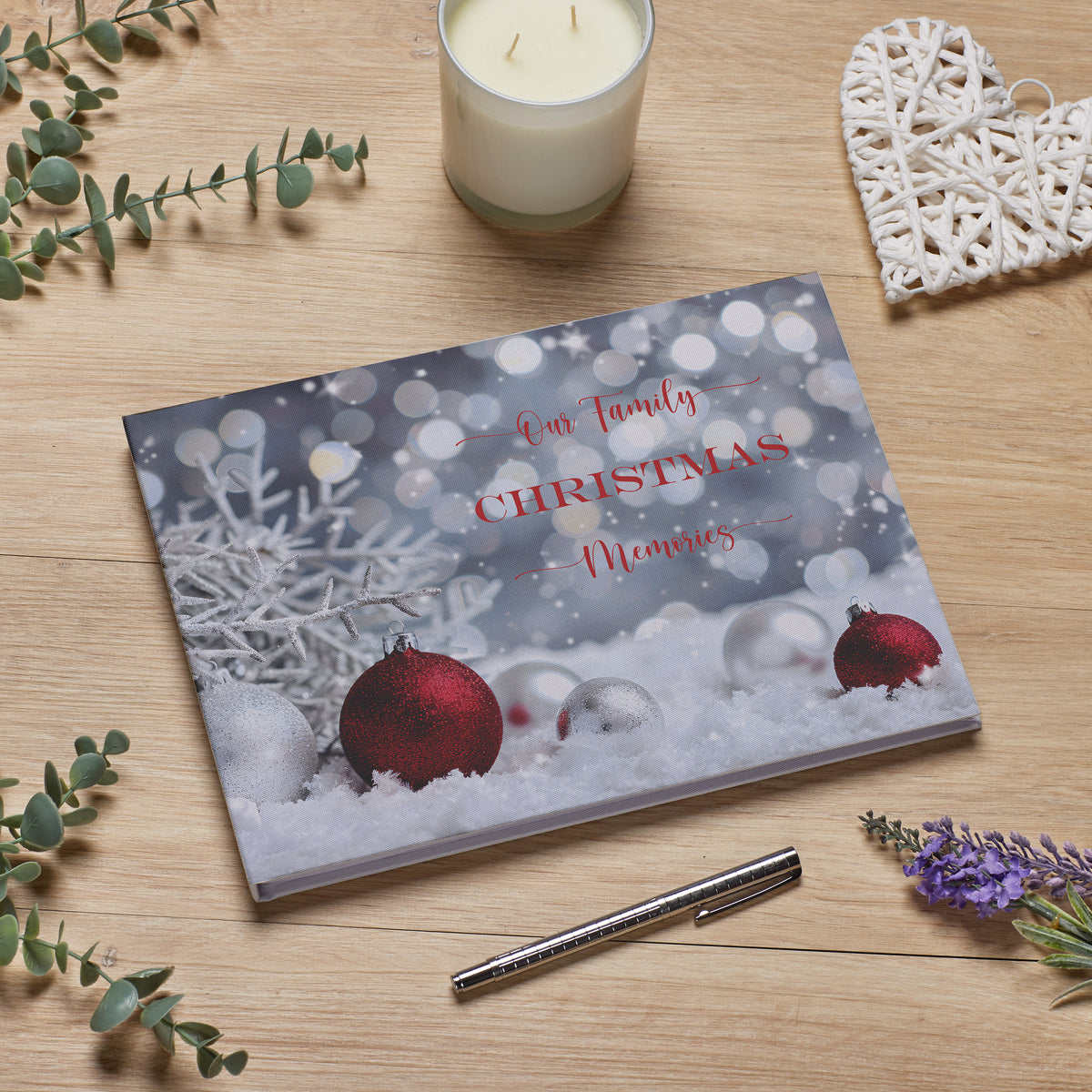 Large Personalised Christmas Memory Book Album Linen Cover Red and White Design