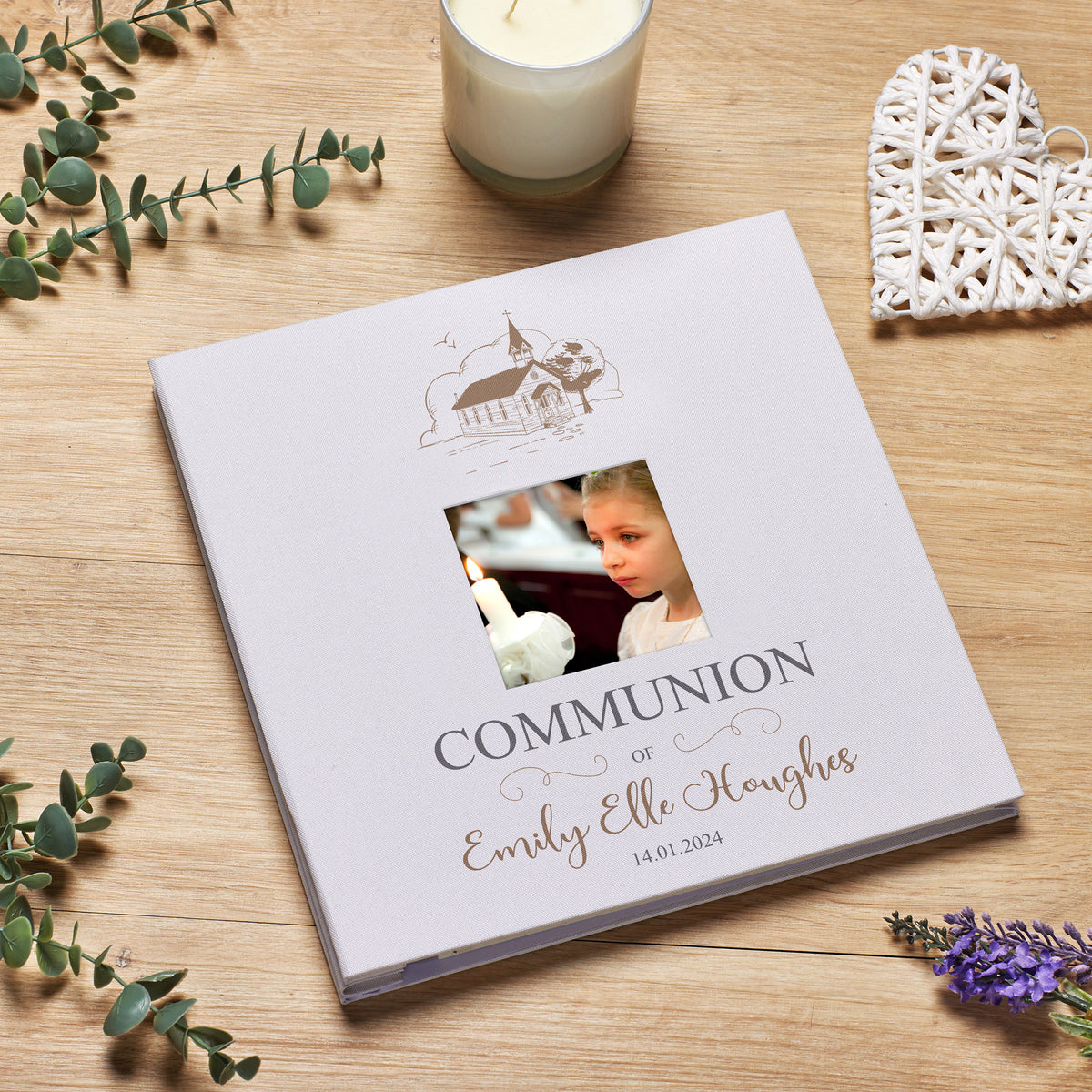 Personalised Communion Photo Album Linen Cover With Sketch Church