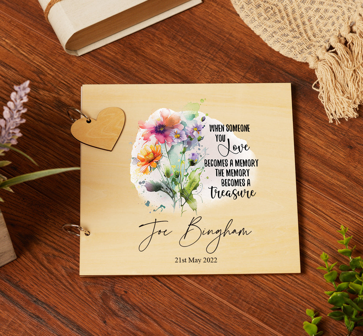 Personalised Wooden Remembrance Memorial Guest Book With Flowers