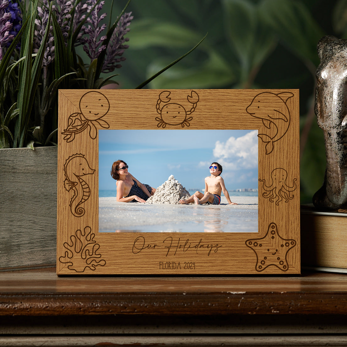 Personalised Seaside Holiday Photo Frame Engraved With Sea Animals