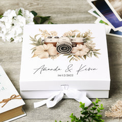 Personalised Wedding Box With Floral Camera Design and Ribbon Closure