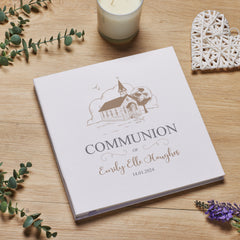 Personalised Large Communion Photo Album Linen Cover With Sketched Church