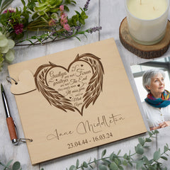 Personalised Wooden Engraved Memorial Funeral Remembrance Guest Book With Angel Wings