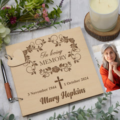 Personalised Wooden Engraved Memorial Funeral Remembrance Guest Book With Cross