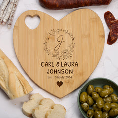 Personalised Wedding Anniversary Gift Engraved Heart Chopping Board With Wreath