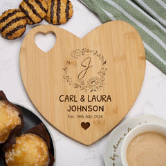 Personalised Wedding Anniversary Gift Engraved Heart Chopping Board With Wreath