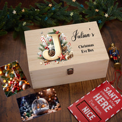 Personalised Large Brown Christmas Eve Box With Wooden Lettering