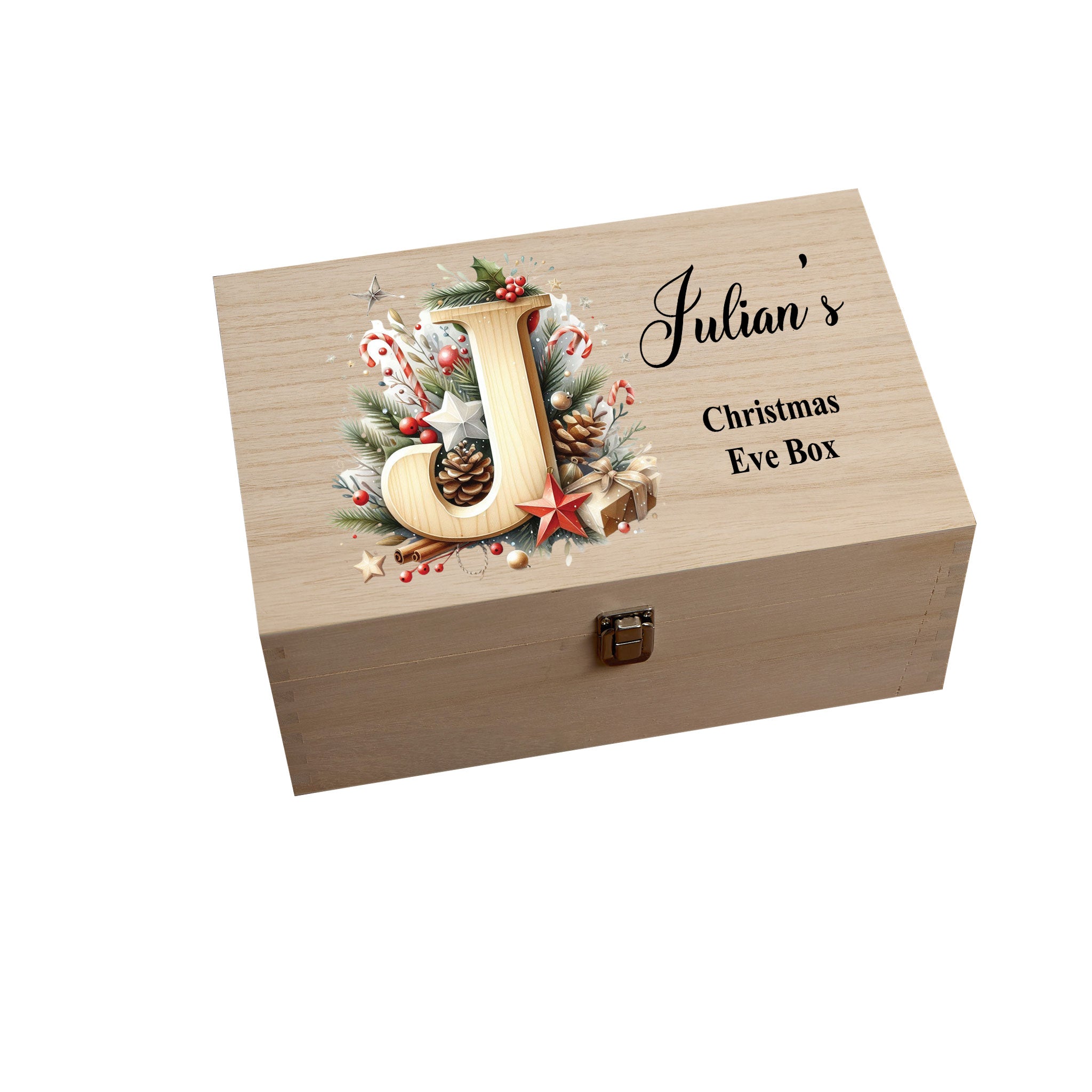 Personalised Large Brown Christmas Eve Box With Wooden Lettering