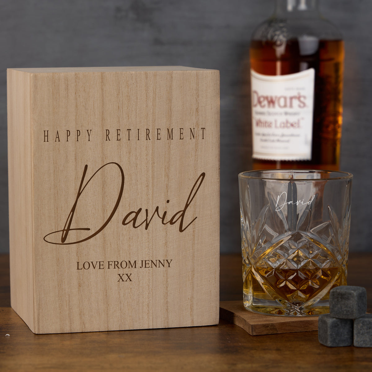 Personalised Whisky Set Stones & Tumbler Glass Engraved Any Sentiment