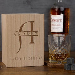 Personalised Any Name Whisky Set Stones & Tumbler Glass Engraved With Monogram