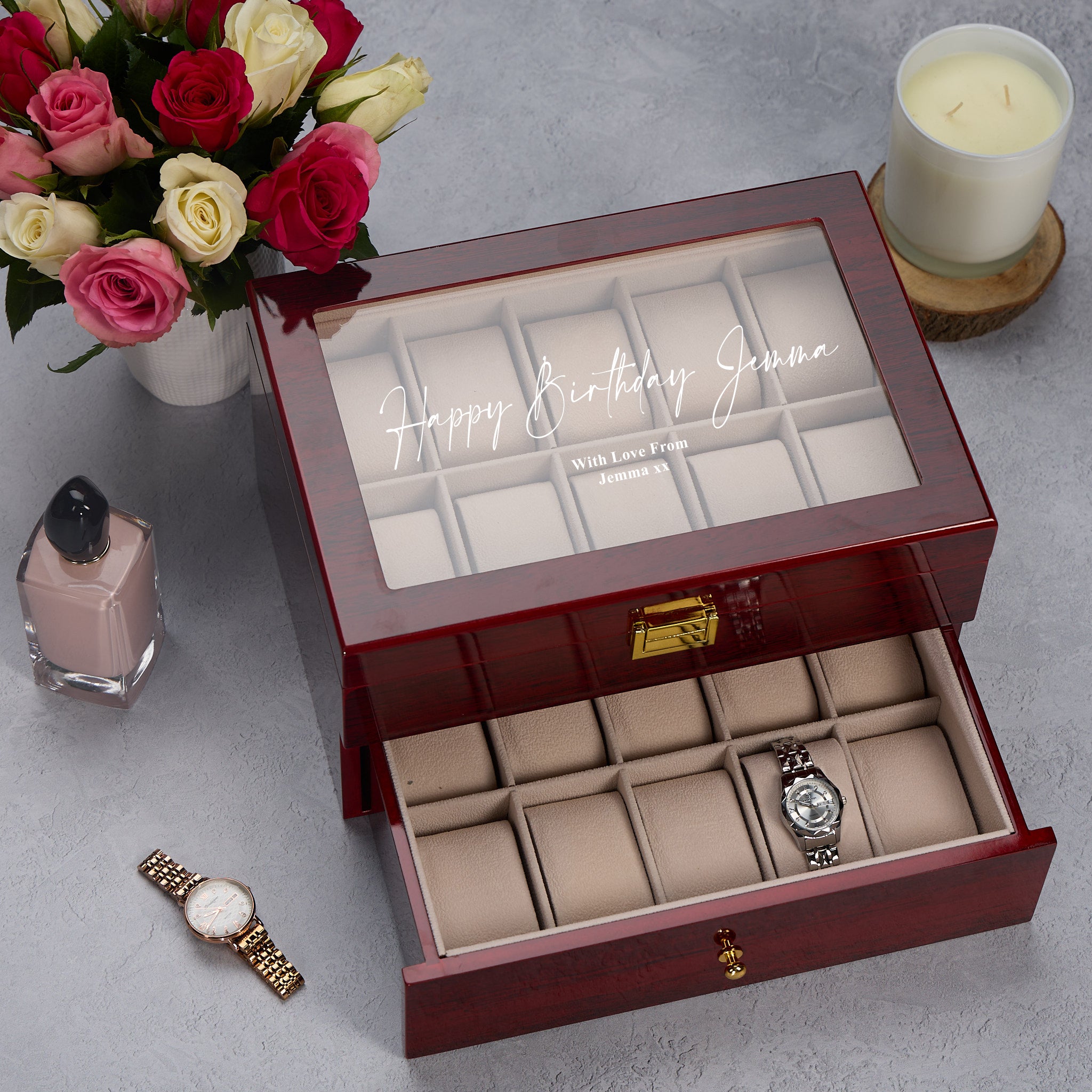 Personalised 20 Watches Wood And Glass Watch Box Gift For Him Or Her