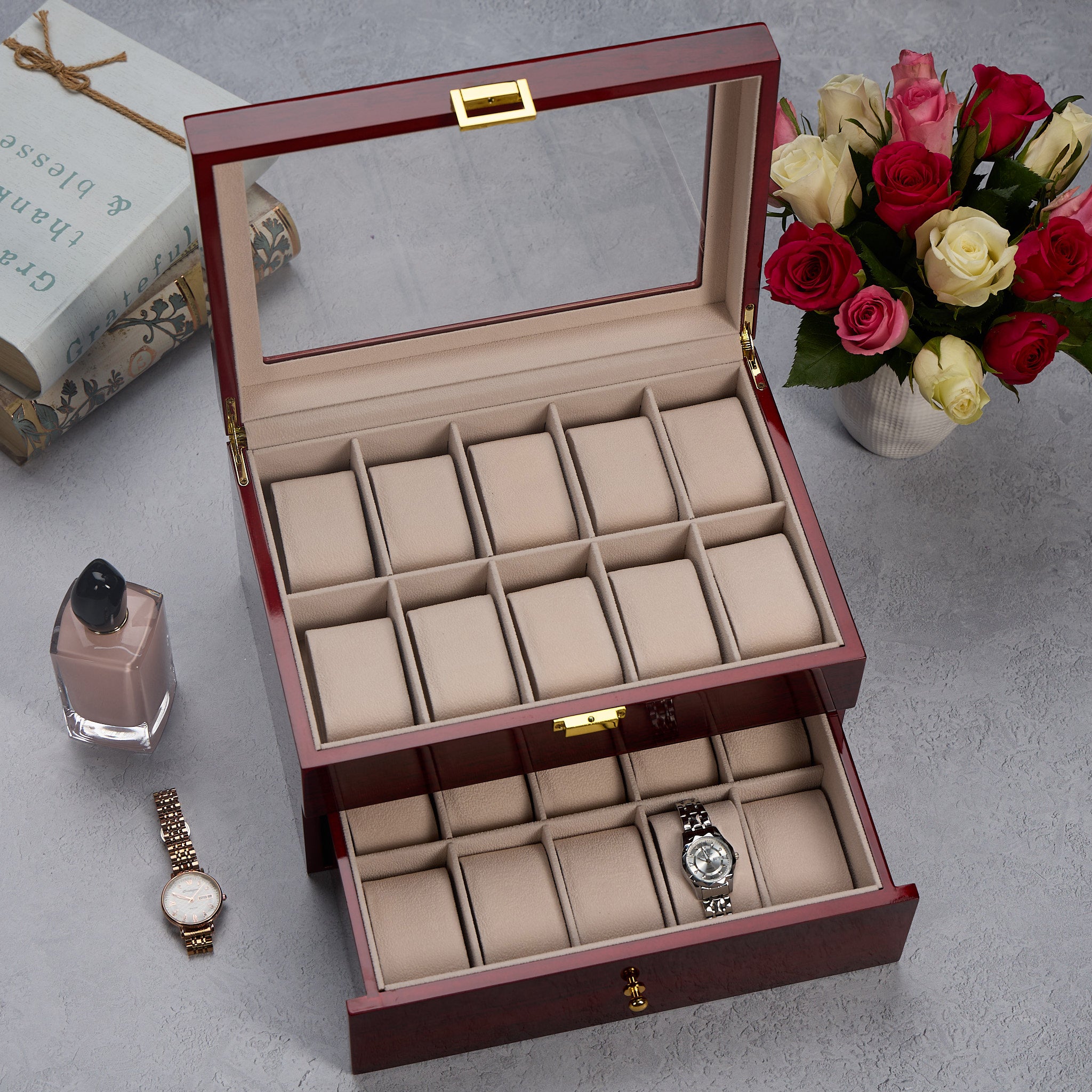 Personalised 20 Watches Wood And Glass Watch Box Gift For Him Or Her