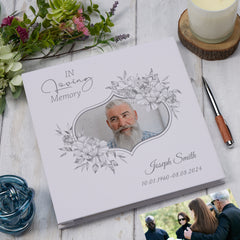 Personalised Male Grey Funeral Condolence Memorial Linen Album With Photo