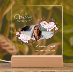 Personalised Photo Memorial Lamp Night Light Condolence Sympathy Gift With Rose Gold Floral