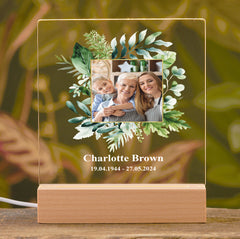 Personalised Photo Memorial Lamp Night Light Condolence Sympathy Gift Floral Square Frame