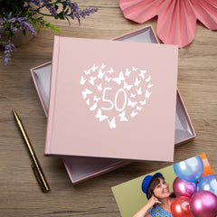 50th Birthday Pink Photo Album Gift With Butterflies 50 x 6" x 4" Photos