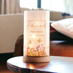 Personalised Friend Gift Floral Lamp With Wood Base LED Night Light